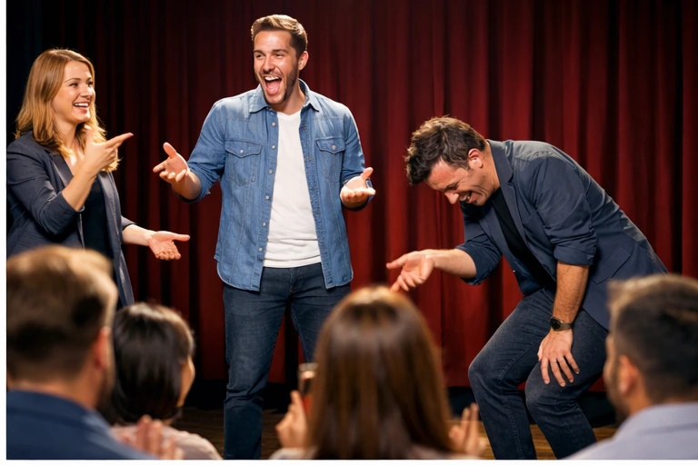 Grupo de empleados en una dinámica de comedia improvisada en un evento corporativo
